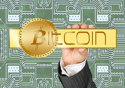 Bitcoin, crypto-deviza, pénznem, pénz, kéz, tartsa, névjegykártya