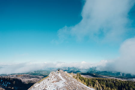 도보 여행자, 하이킹, 산, 사람, 맨 위로, 자연, 눈