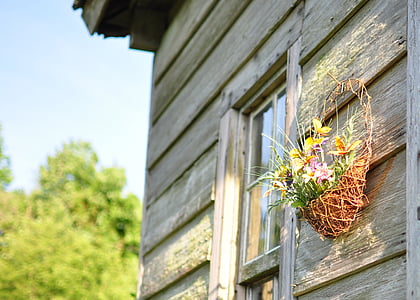 maison en bois, rural, panier de fleurs, cabine