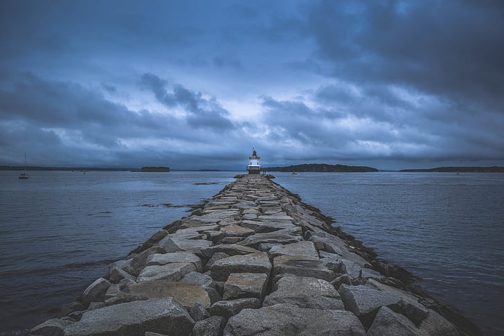 lighthouse, pier, maine, cloudy, folk, moody, ocean