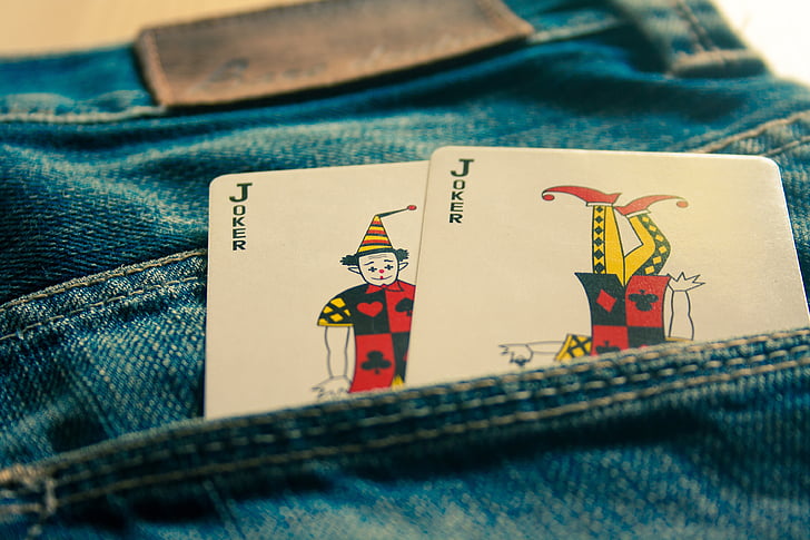 Joker, kartes, džinsi, zila, kabatas, modes, apģērbi
