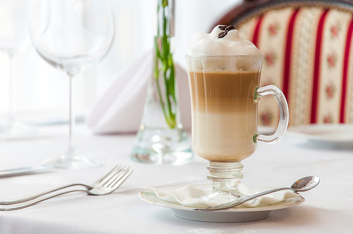 coffee, latte, macchiato, restaurant, table, plate, drink