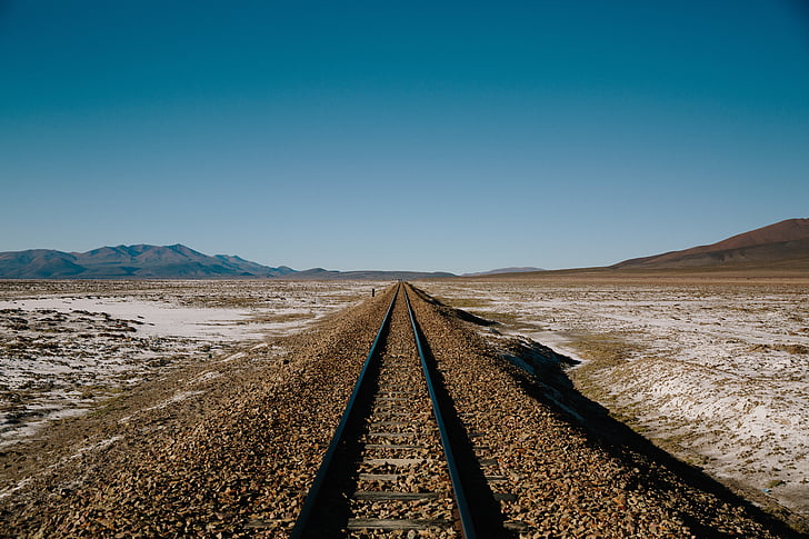 railway, tracks, trail, desert, follow, path, adventure