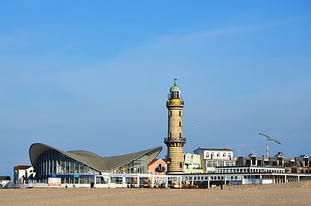 warnemünde, seaside resort, teepott, lighthouse, election signs, east lake spa, baltic sea