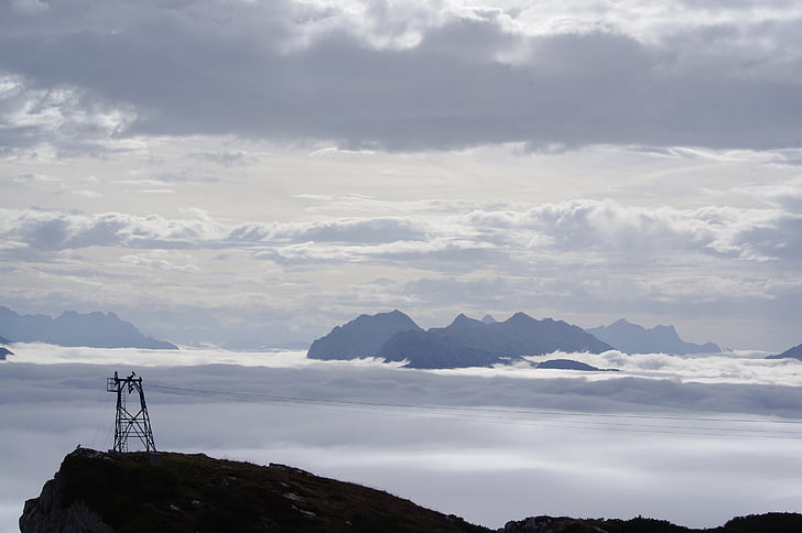 cable car, summit, above the clouds, sky, landscape, alpine, mountains