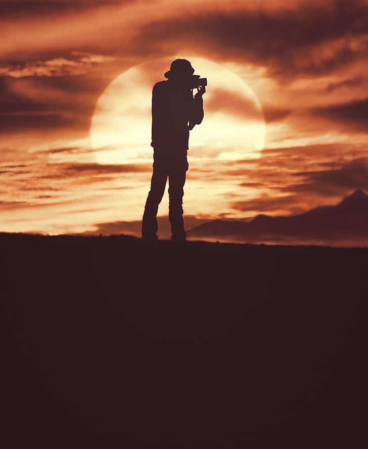 silhouet, persoon, met behulp van, camera, zonsondergang, fotografie thema 's, fotograaf