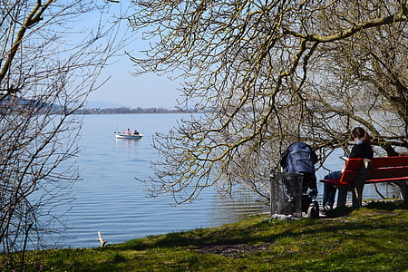 jezero, banka, rybářský člun, Lavička, odpočinek, stromy