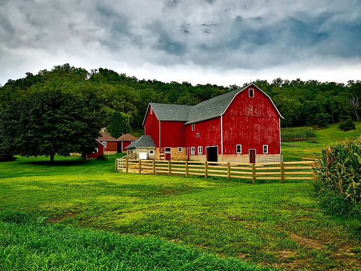 Wisconsin, azienda agricola, paese, rurale, paesaggio, cielo, nuvole