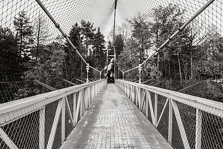 grayscale, photography, bridge, daytime, wood, fence, net