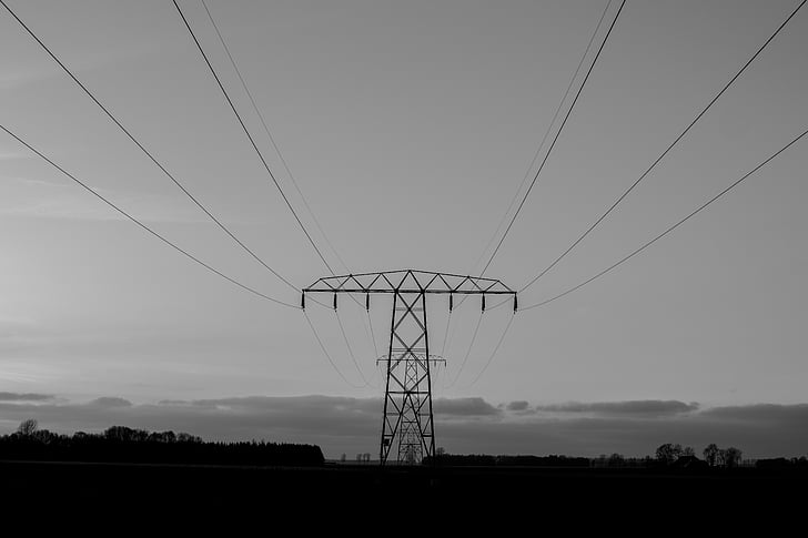 grayscale, photo, electric, tower, grid, electricity, black and white
