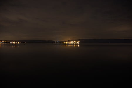 naktį, ežeras, vandens, ramioje, atspindys, tamsus, nuotaika