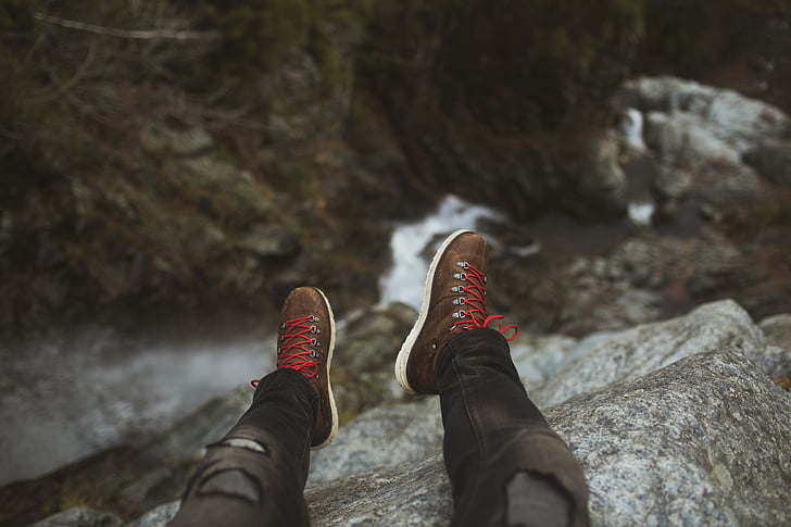 cliff, feet, man, mountain, outdoors, perspective, river