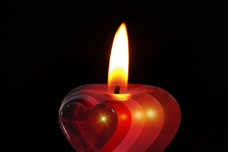 dega, žvakė, detalus vaizdas, gaisro, liepsna, širdies, raudona
