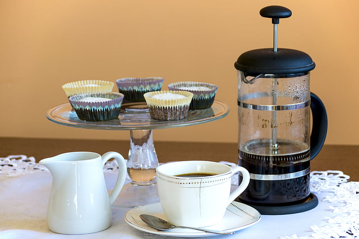 Muffin, kaffe, kaffebryggare, eftermiddagskaffe, dessert energi, liten svart, hembakade bakverk