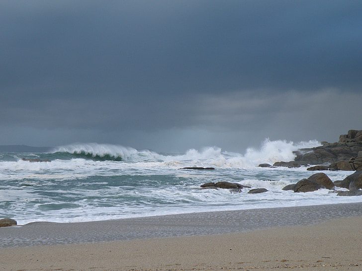 havet, Costa, Molnigt, Storm, stranden, vågor, Shore