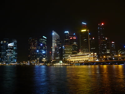 Cingapura, linha do horizonte, Ásia, edifício, cidade, à noite, água