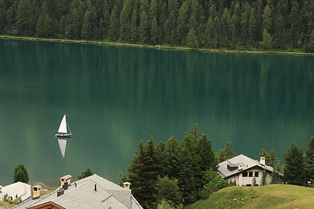 スイス, 船, 湖, 木, 穏やかな, 風景, キャビン