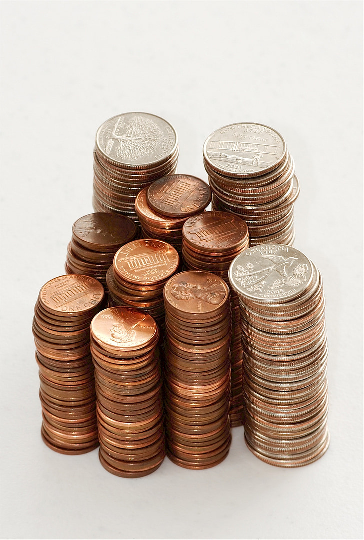 munten, gestapeld, centen, kwartalen, Amerikaanse, contant geld, losse verandering