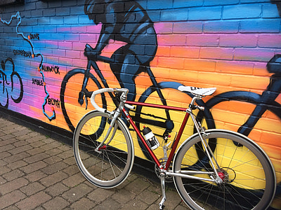 ciclo, bicicleta, arte, pared, Graffiti, urbana, calle