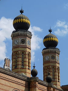 Maďarsko, Synagoga, kostel, věž, modrá, obloha, věžní hodiny