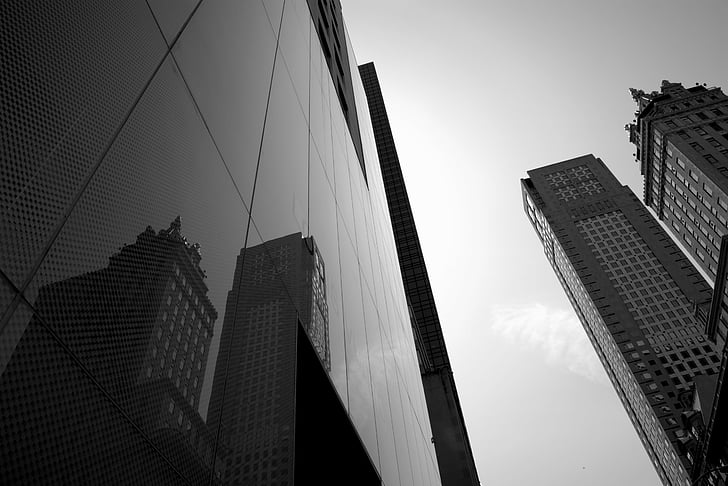 new york, horizon, shops, city, skyscrapers, black and white