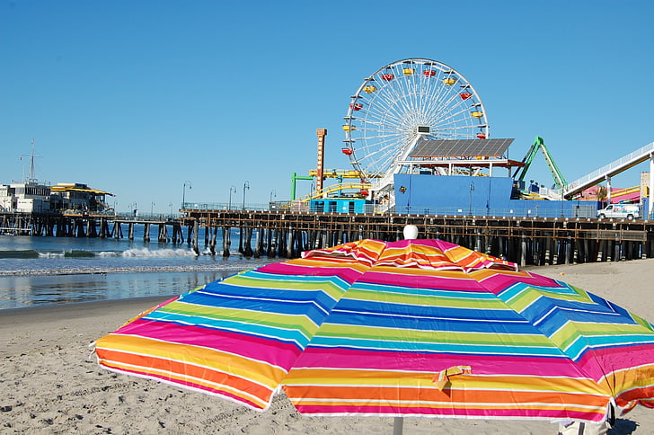 california, beach, parasol, umbrella, ferris, wheel, pier