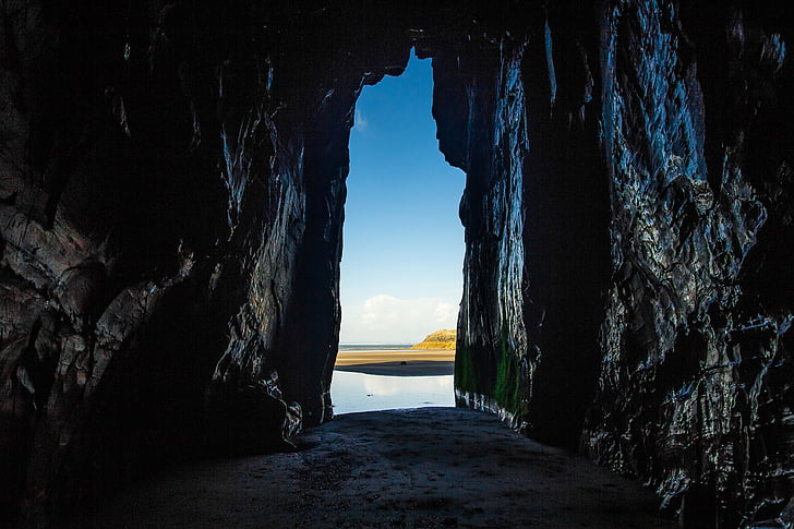 mořská jeskyně, otvor, světlo, Snowdonia, Anglie, Já?, pláž
