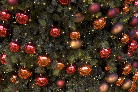 Choinka, dekoracje na Boże Narodzenie, noc, Oświetlenie, czerwony, zielony, zimowe