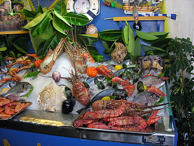fish, fish stall, greece, tropical fish, colorful, stall, food