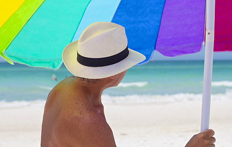 pláž, deštník, dovolená, slunce, cestování, cesta, barevné