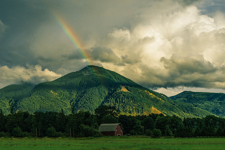 vihreä, Mountain, Rainbow, pilvi, pilvet, vuoret, pilvet hill