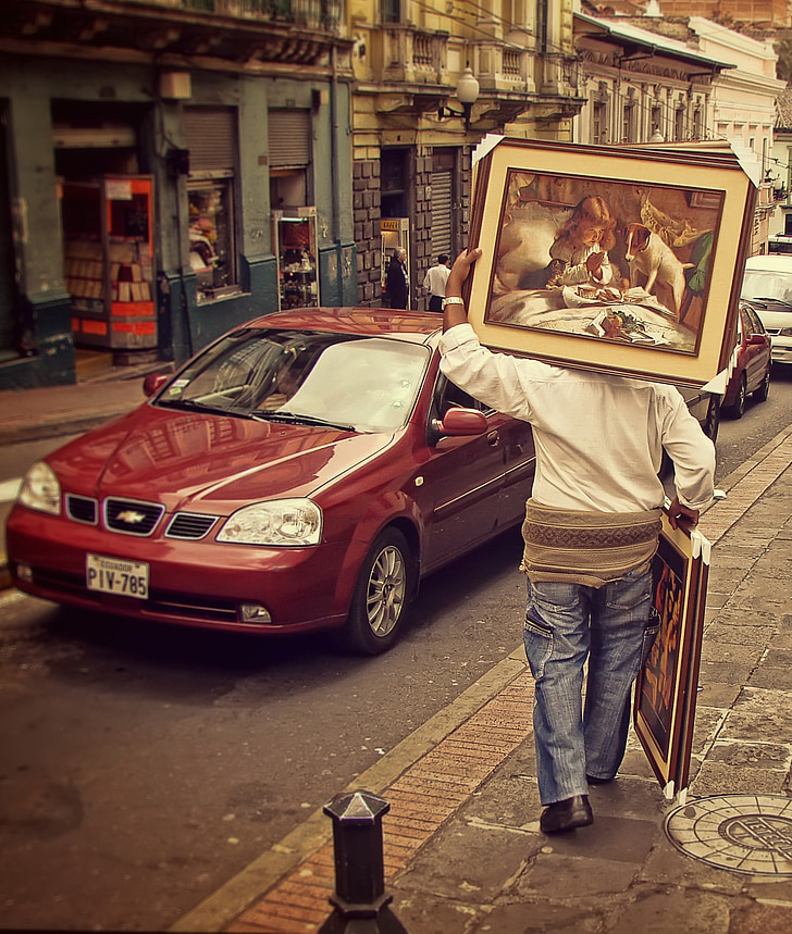 Quito, straten, Ecuador, man, schilderij, Midden-Amerika