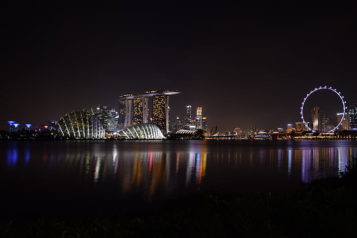 singapore river, garden by the bay, landscape, city, night, reflection, architecture