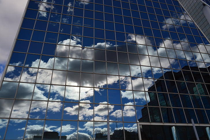 bâtiment, nuages, réflexion, verre, Windows, bleu, architecture