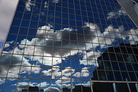 edifici, núvols, reflexió, vidre, Windows, blau, arquitectura
