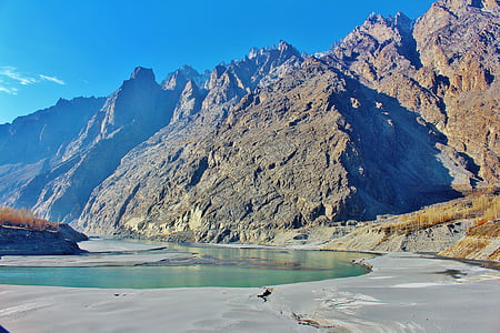 hunza, pakistan, river, mountain, landscape, valley, sky