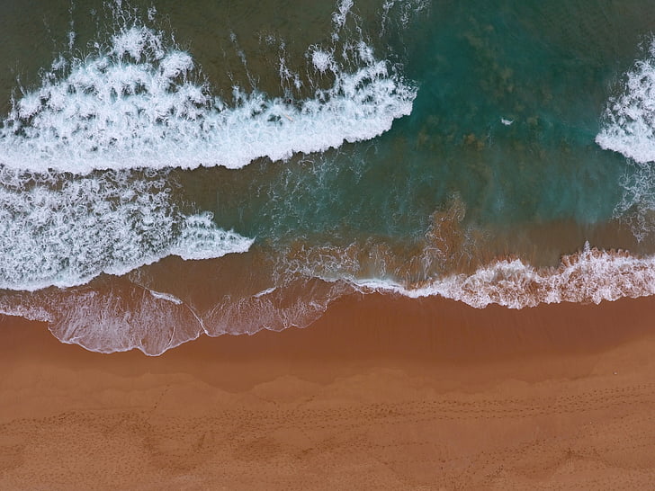 beach, drone, water, blue, nature, landscape, wave
