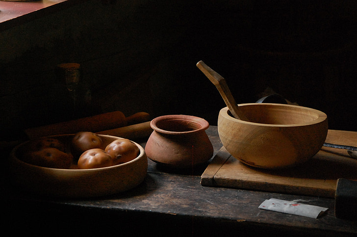 wood, pots, shadow, table, kitchen, antique, vintage