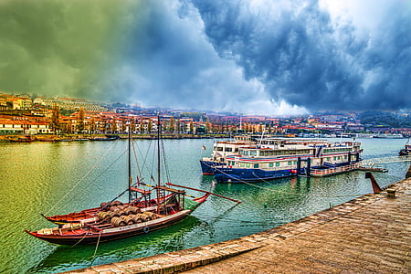 båter, fargerike, vann, elven, fat, Porto