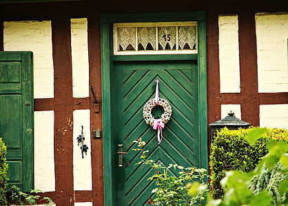 ドア, トラス, 木製ドア, 花輪, 家, 建物, ホーム