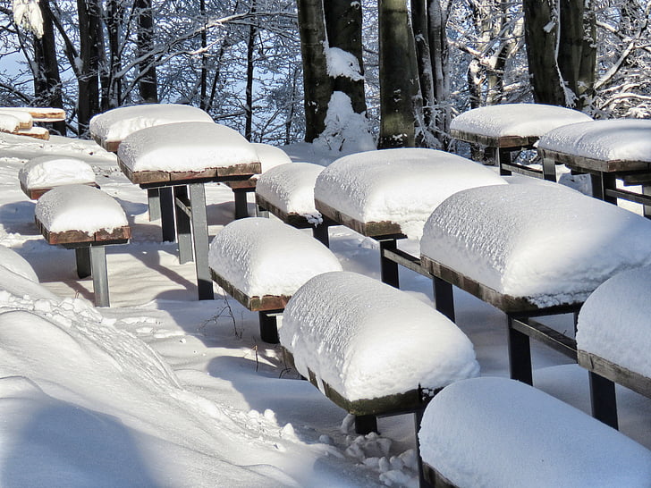 winter, snow, bench, benches, mountains, biel, leskowiec