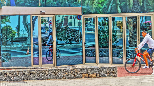 vetrina, biciclette, riflessioni, specchi, all'aria aperta, sole, Buongiorno
