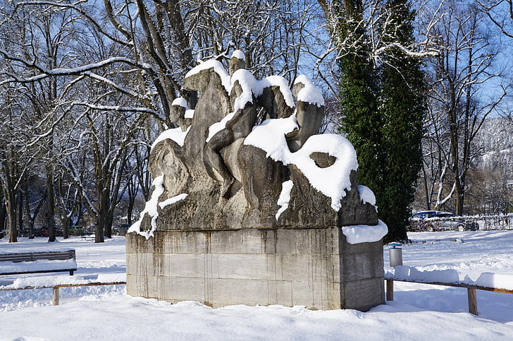 monument, park, tuttlingen, sculpture, statue, figure, winter