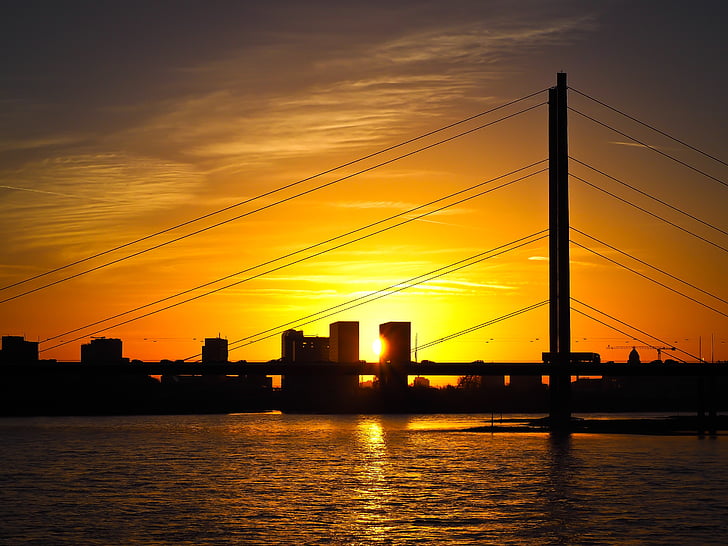 horitzó, Düsseldorf, riu, Rin, Rheinbrücke, posta de sol, cel