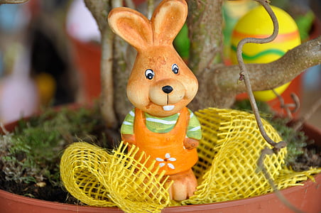 brown, rabbit, figuring, plant, pot, easter, Easter, Hare