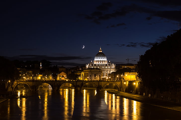 Rím, Trastevere, Most, noc, Nočná obloha, rieka, kostol