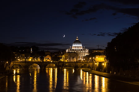 Roma, Trastevere, puente, noche, cielo de la noche, Río, Iglesia
