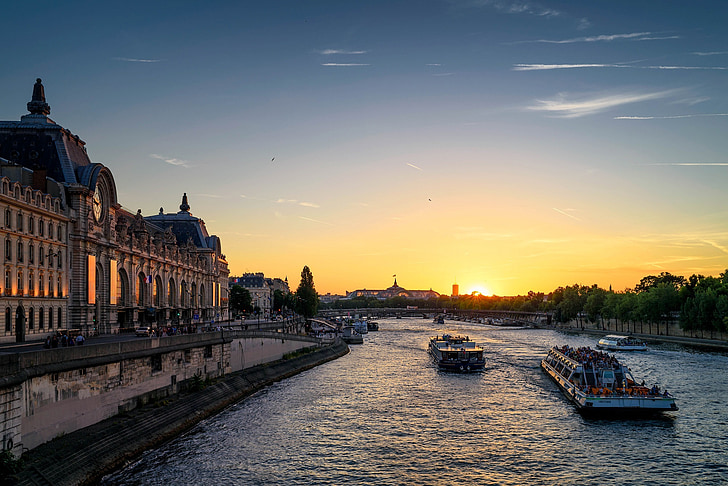 Seinefloden, solnedgång, Paris, staden, Frankrike, arkitektur, båtar