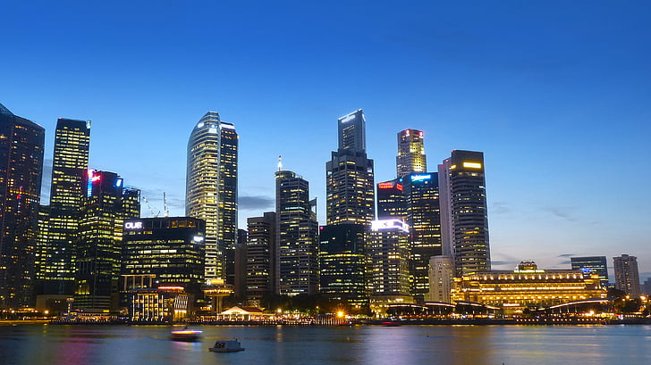 singapore, river, skyline, building, water, blue sky, financial district