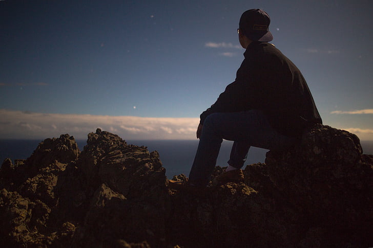 silhouette, man, sitting, rock, photo, ocean, sky